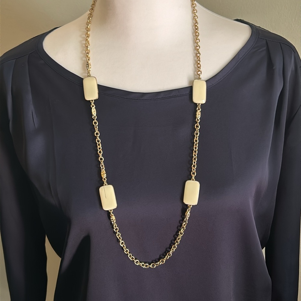 Ann Taylor Ivory Enamel Bar and Rhinestone Gold Tone Station Chain Necklace